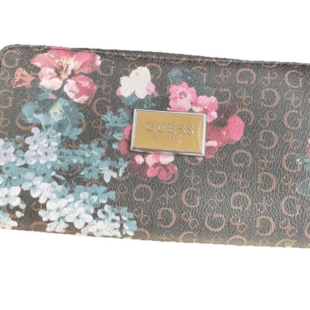 Guess Women's Wallet with Floral Design - Brown and Pink